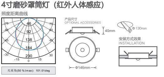 消防应急灯4寸磨砂罩筒灯红外感应